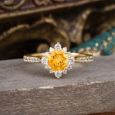Round Cut Vintage Cluster Citrine Gemstone Ring Flower Engagement Ring